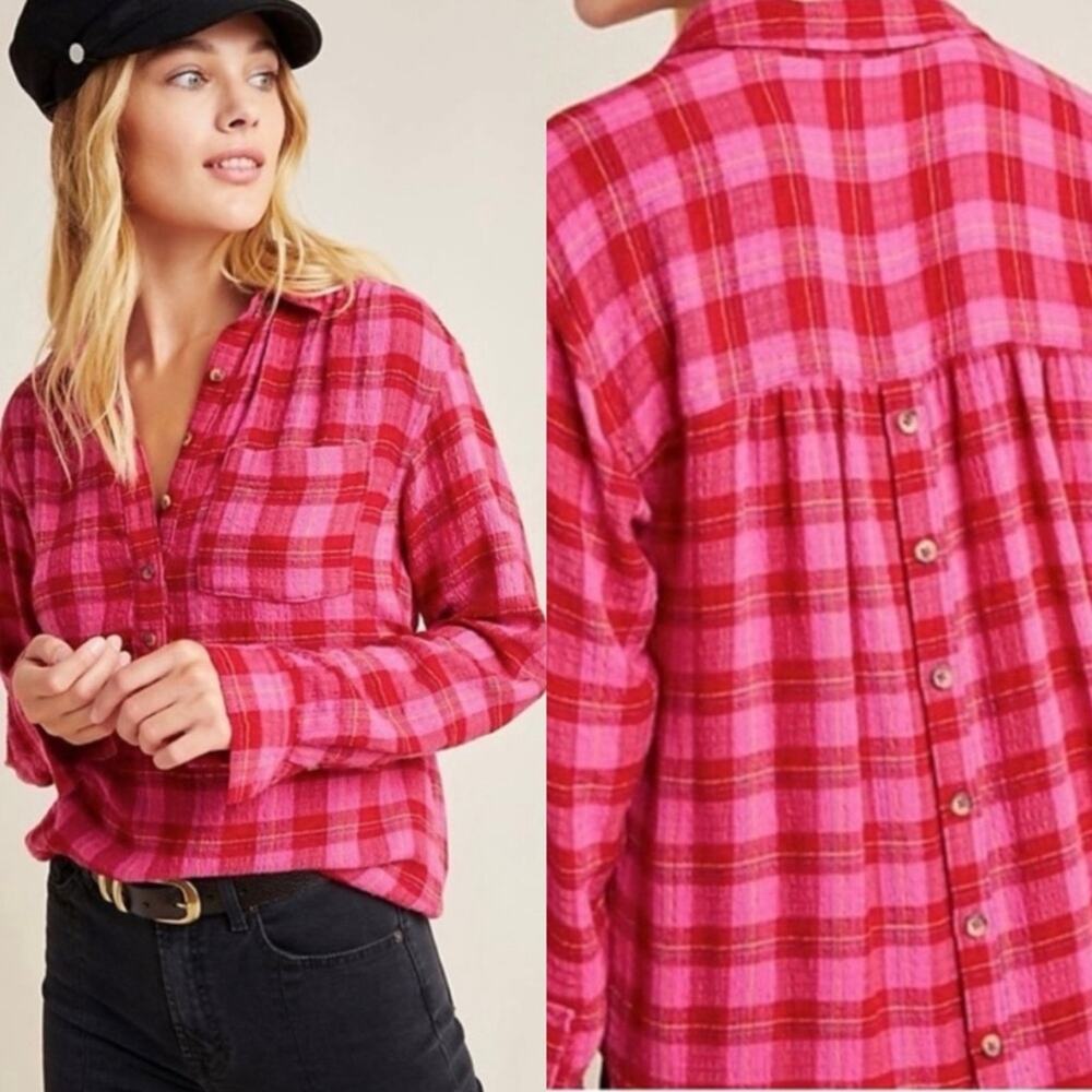 anthropologie Isadora Button Back Popover Oversized Pink Plaid Shirt M